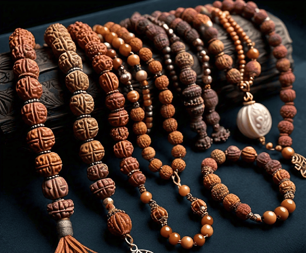 A beautiful display of Rudraksha malas and bracelets, showcasing their aesthetic appeal and spiritual significance